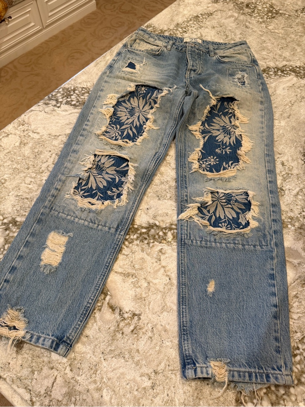 We The Free Light Blue Distressed Wide-Leg Jeans with Navy Floral Insets